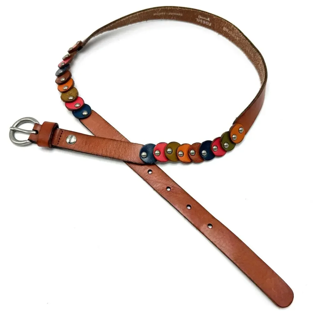 Fossil Boho Hippie Skinny Belt S 30-34 Leather Circle Dots Tan Brown Colorful